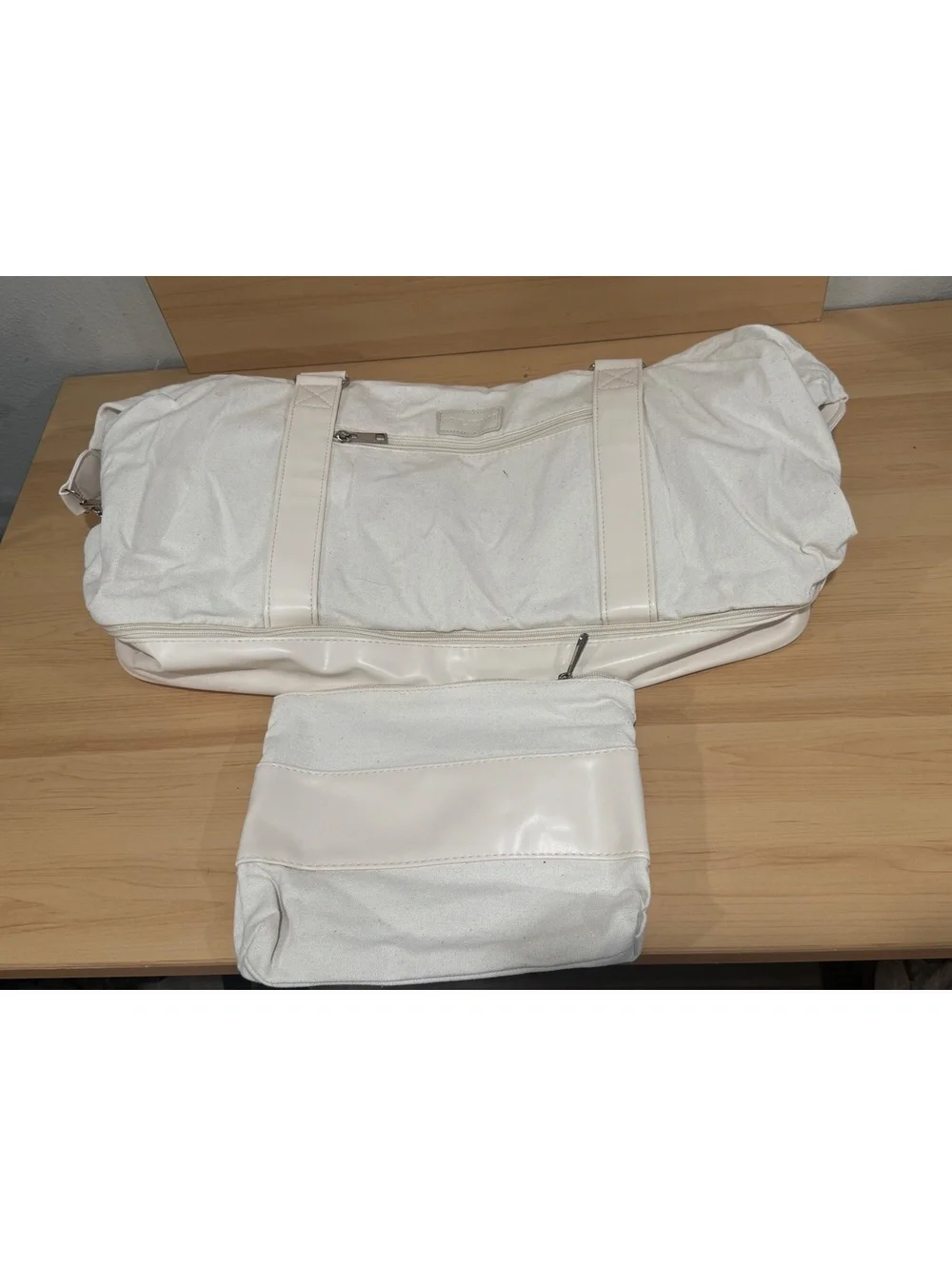 White Canvas and Faux Leather Weekender Duffel Bag with Pouch and Strap